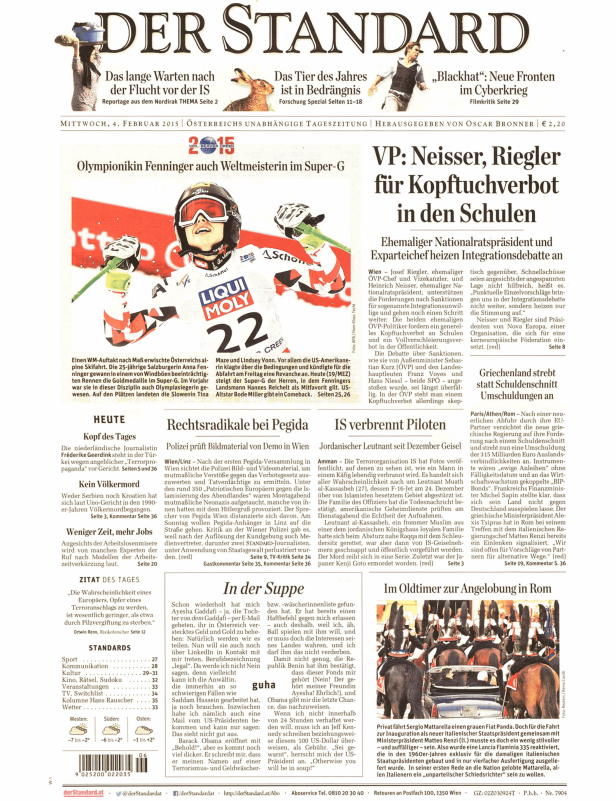 Titelseite der Zeitung „Der Standard“ vom 4. Februar 2015 mit Anna Fenninger als Weltmeisterin im Super-G.