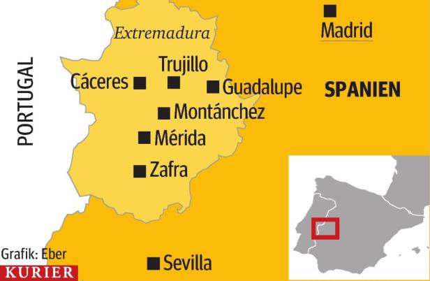 Eine Karte der spanischen Region Extremadura und angrenzenden Gebieten von Portugal.