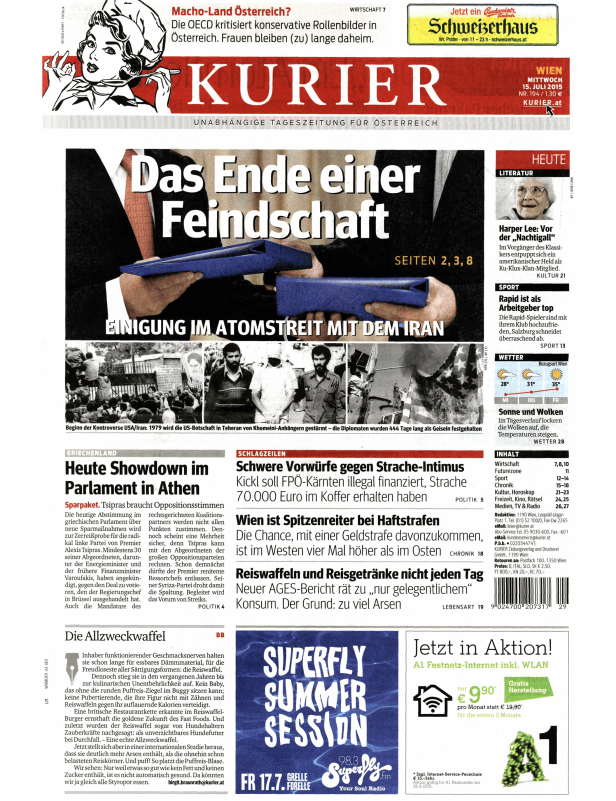 Titelseite des Kurier vom 15. Juli 2015 mit Schlagzeilen zu verschiedenen Themen.
