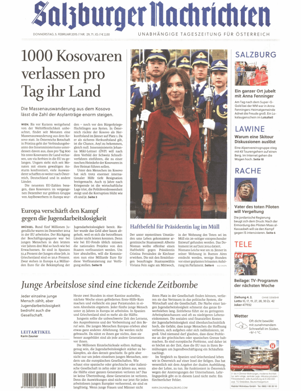 Titelseite der Salzburger Nachrichten vom 5. Februar 2015.