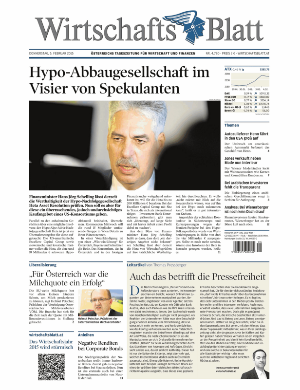 Titelseite des Wirtschaftsblatt vom 5. Februar 2015.