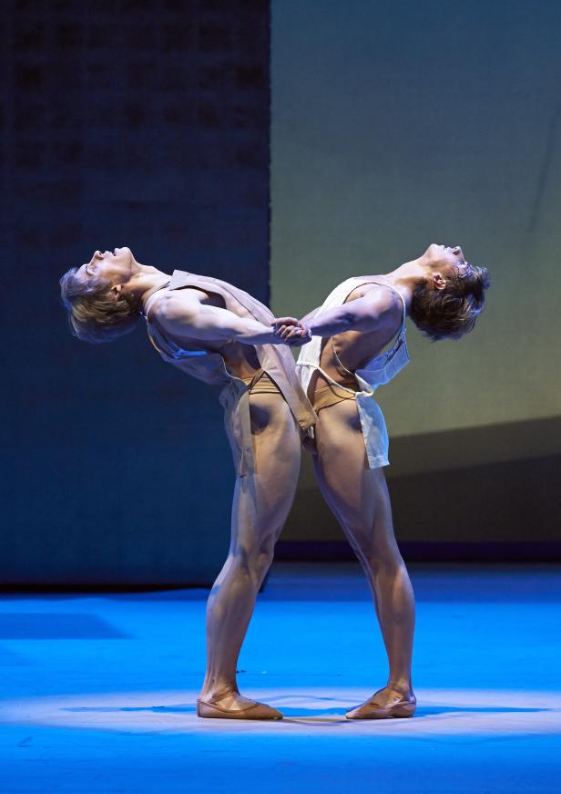 Zwei männliche Balletttänzer halten Händchen in einer synchronen Bewegung.