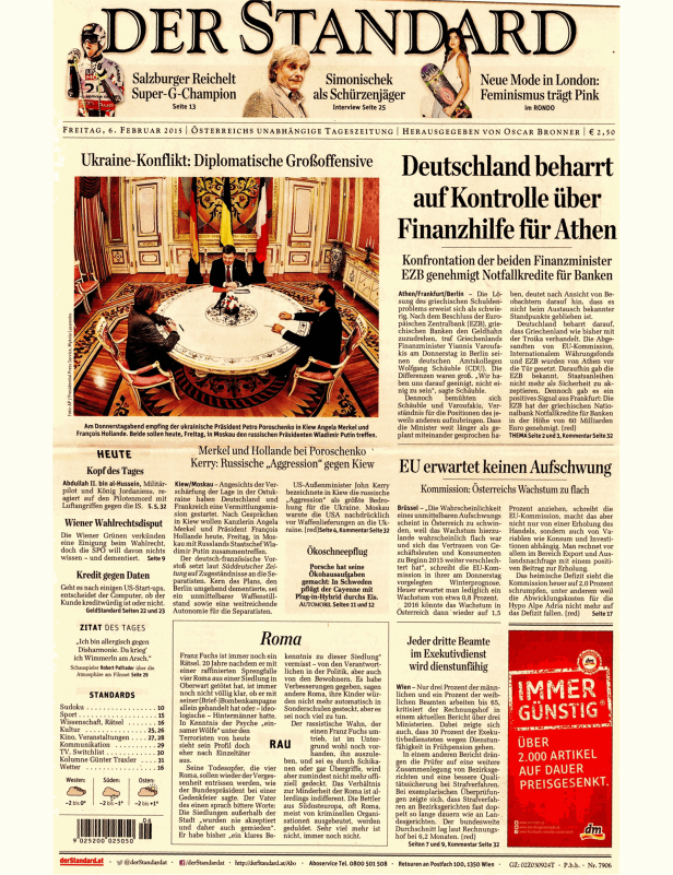 Titelseite der Zeitung „Der Standard“ vom 6. Februar 2015.