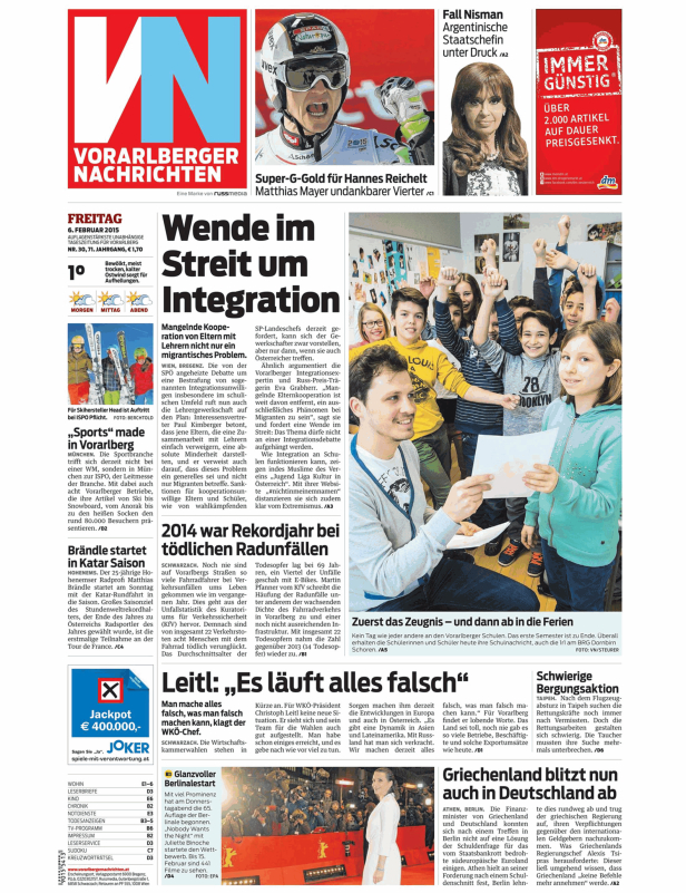 Eine Vorarlberger Zeitung vom 6. Februar 2015 mit verschiedenen Artikeln und Bildern.