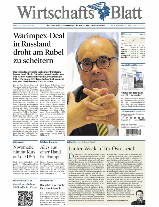 Titelseite des WirtschaftsBlatts vom 6. Februar 2015 mit dem Titel „Warimpex-Deal in Russland droht am Rubel zu scheitern.“