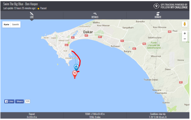 Eine Karte, die die Schwimmroute von Ben Hooper in der Nähe von Dakar zeigt.