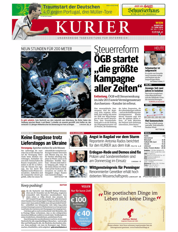Titelseite der Zeitung Kurier vom 17. Juni 2014 mit Schlagzeilen zu verschiedenen Themen.