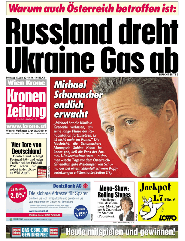 Titelseite der Kronen Zeitung vom 17. Juni 2014 mit Schlagzeilen zu Russland, Michael Schumacher und den Rolling Stones.
