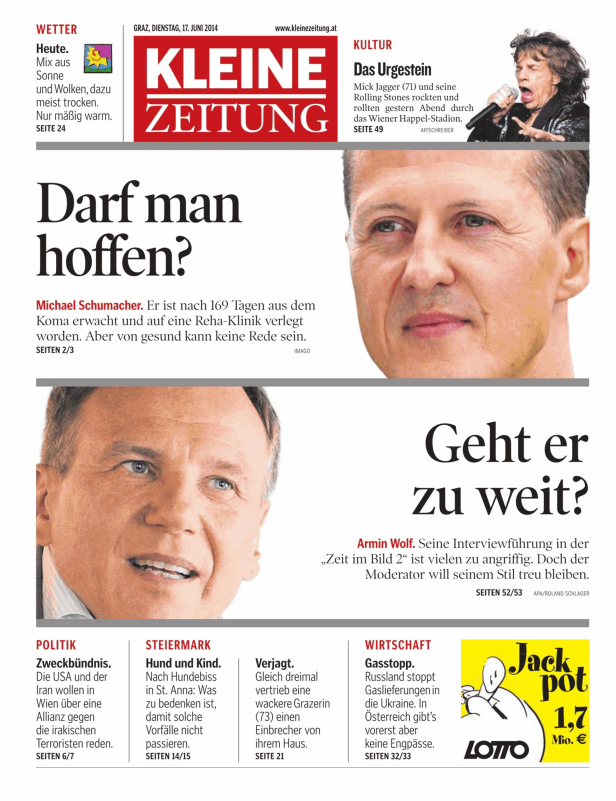 Titelseite der Kleinen Zeitung vom 17. Juni 2014 mit Schlagzeilen zu Michael Schumacher und Armin Wolf.