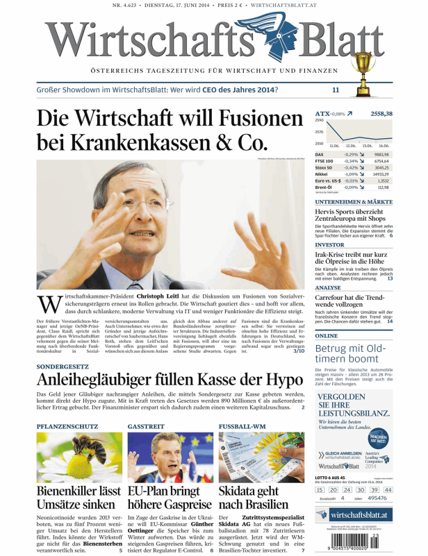 Titelseite des WirtschaftsBlatt vom 17. Juni 2014.