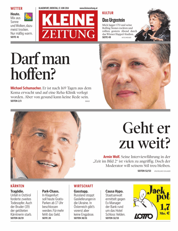Titelseite der Kleinen Zeitung vom 17. Juni 2014 mit Artikeln über Michael Schumacher und Armin Wolf.