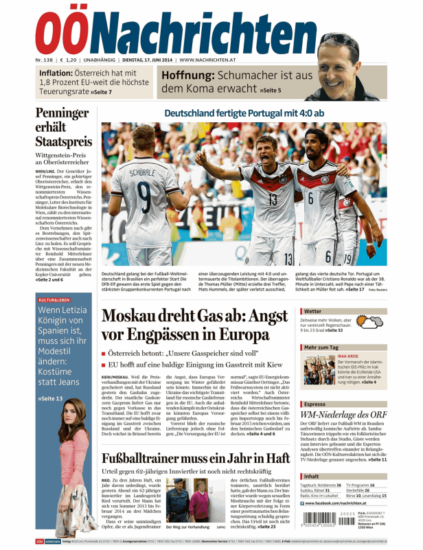 Titelseite der OÖNachrichten vom 17. Juni 2014 mit einem Artikel über das Fußballspiel Deutschland gegen Portugal.