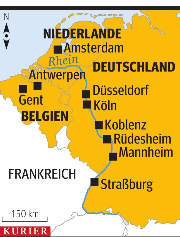 Eine Karte, die den Verlauf des Rheins durch die Niederlande, Deutschland, Belgien und Frankreich zeigt.