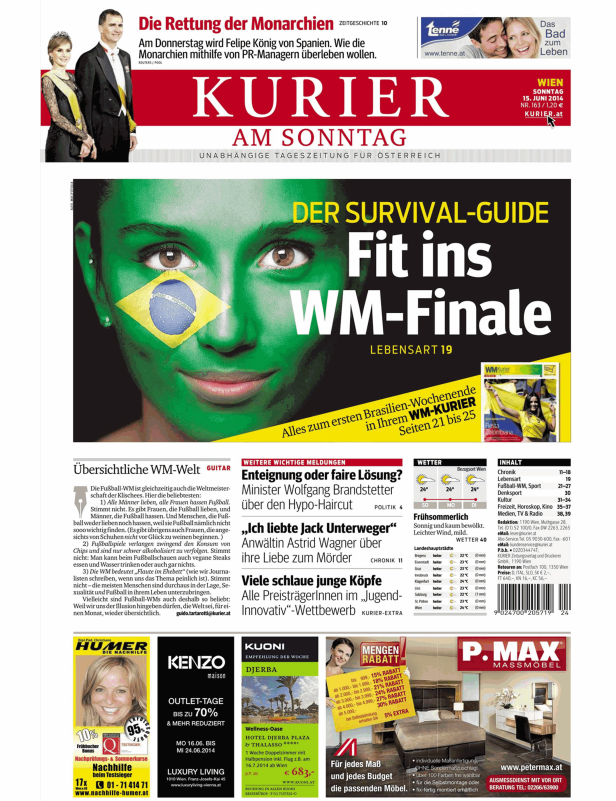Eine Frau mit brasilianischer Flagge im Gesicht auf der Titelseite des Kurier am Sonntag zur Fußball-WM.