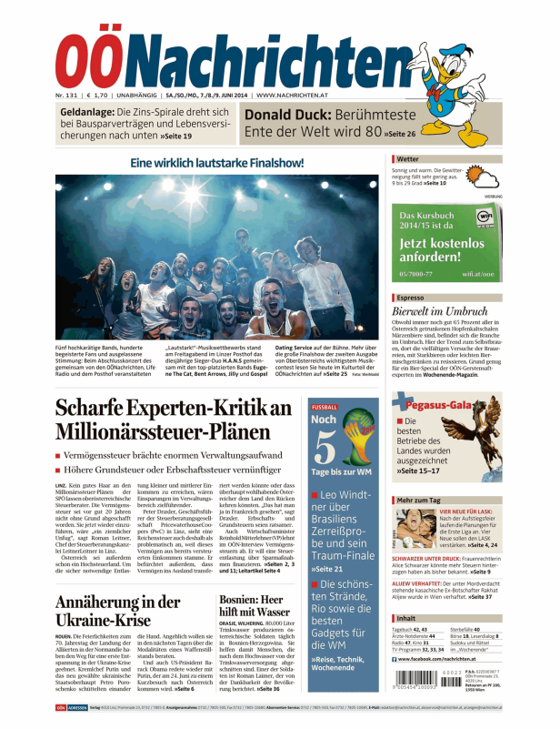 Titelseite der OÖNachrichten vom 7./8./9. Juni 2014 mit Artikeln zu verschiedenen Themen.