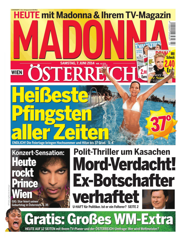 Titelseite der Zeitschrift „Madonna“ vom 7. Juni 2014 mit Artikeln über Madonna, Prince und die Fußball-WM.