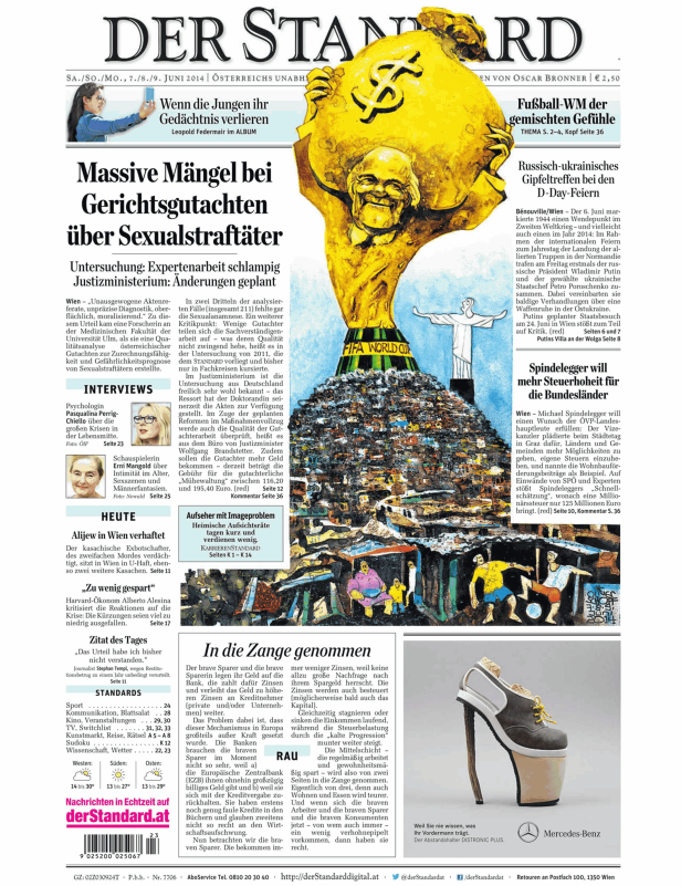 Karikatur in der Zeitung „Der Standard“ zeigt einen Mann, der einen Sack voller Geld trägt.