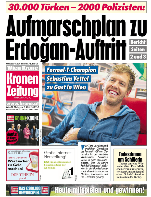 Titelseite der Kronen Zeitung vom 18. Juni 2014 mit Sebastian Vettel als Gast in Wien.