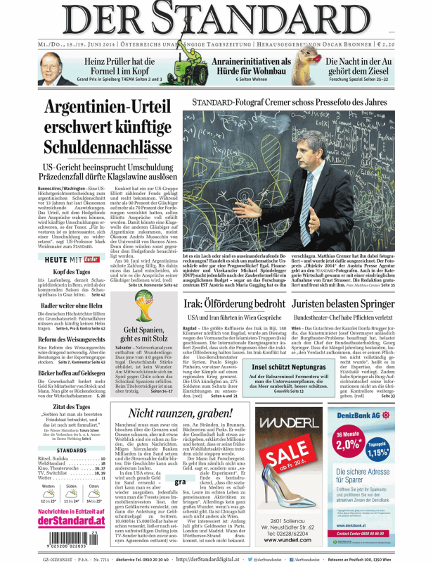 Titelseite der Zeitung Der Standard vom 18./19. Juni 2014.