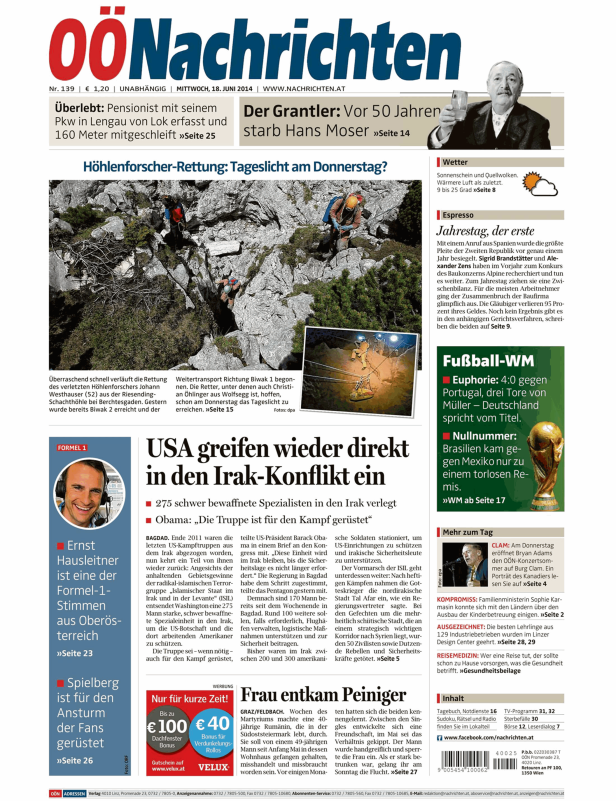Titelseite der OÖNachrichten vom 18. Juni 2014 mit Nachrichten zu verschiedenen Themen.
