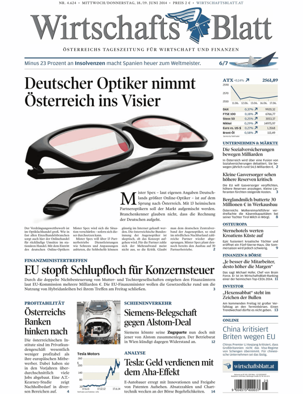 Titelseite des WirtschaftsBlatt vom 18./19. Juni 2014 mit der Schlagzeile „Deutscher Optiker nimmt Österreich ins Visier“.
