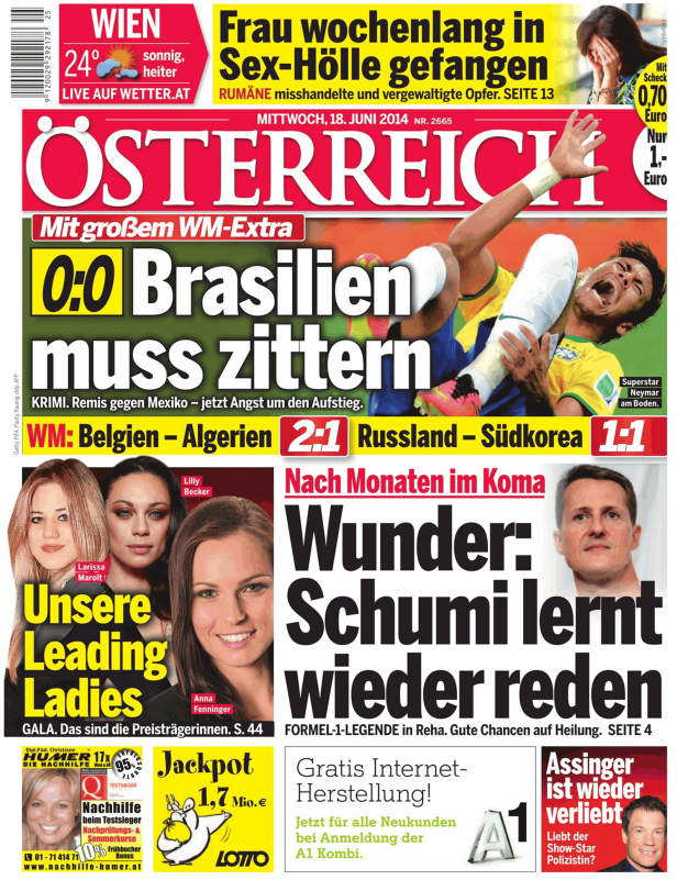 Titelseite der Zeitung „Österreich“ vom 18. Juni 2014 mit Schlagzeilen zu WM, Schumacher und lokalen Themen.
