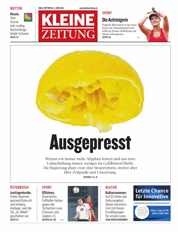 Eine halbe, ausgepresste Zitrone auf der Titelseite der Kleinen Zeitung.