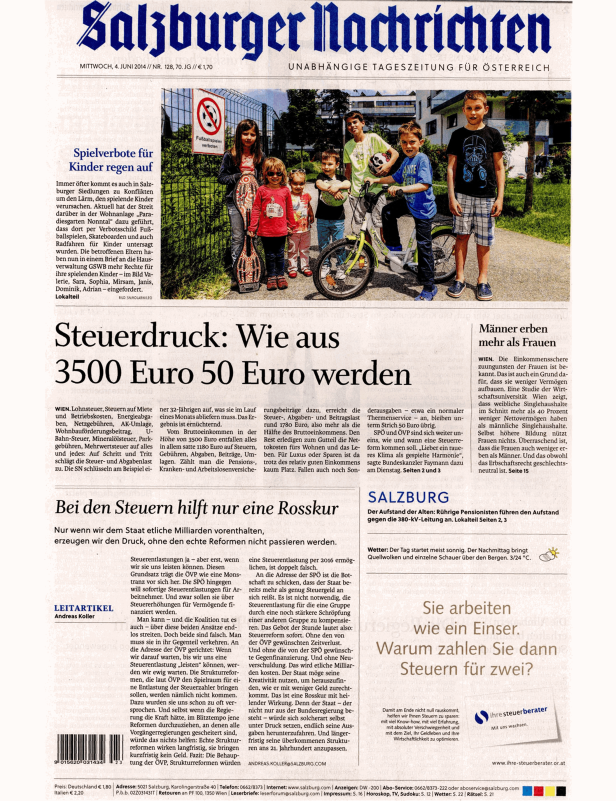 Titelseite der Salzburger Nachrichten vom 4. Juni 2014 mit Artikeln über Spielverbote für Kinder und Steuerdruck.