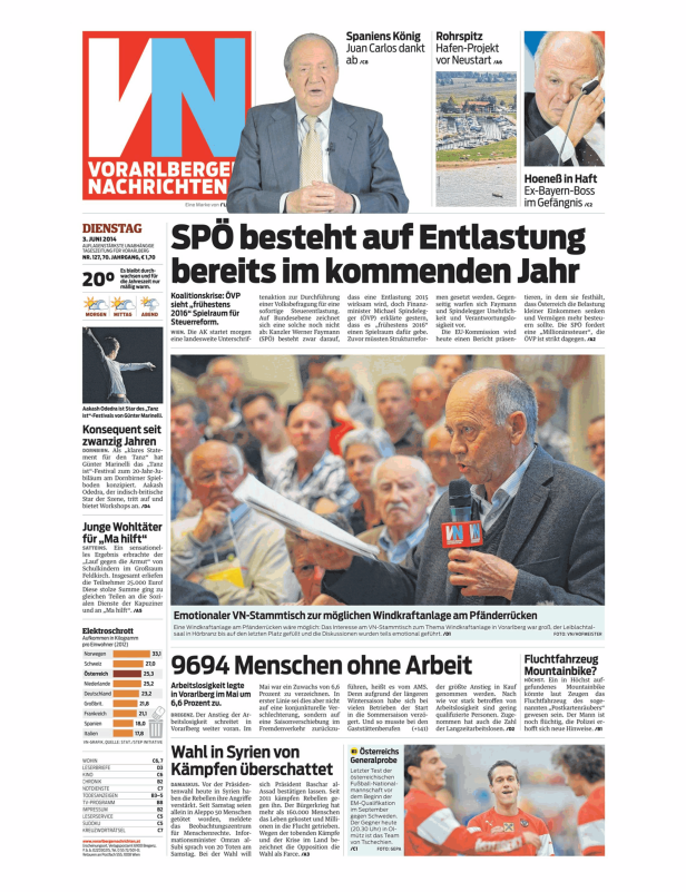 Titelseite der Vorarlberger Nachrichten vom 3. Juni 2014 mit verschiedenen Artikeln.