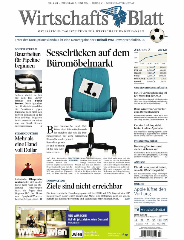 Titelseite des „Wirtschaftsblatt“ vom 3. Juni 2014 mit Artikeln zu Wirtschaft und Finanzen.