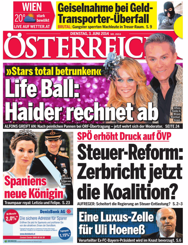 Titelseite der Zeitung „Österreich“ vom 3. Juni 2014 mit Schlagzeilen zu Geiselnahme, Life Ball, Spaniens neuer Königin und Uli Hoeneß.