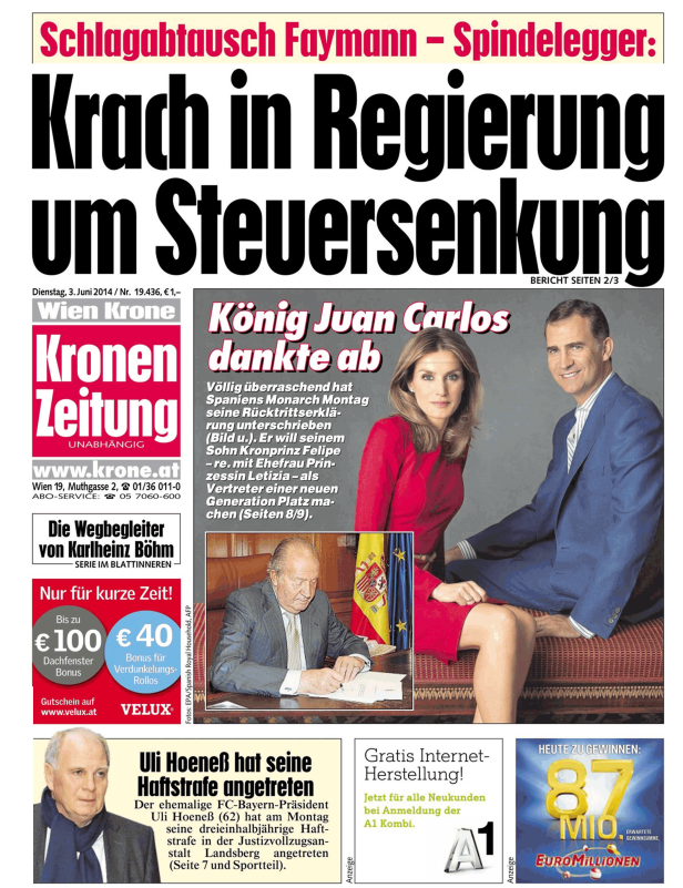 Titelseite der „Kronen Zeitung“ vom 3. Juni 2014 mit Artikeln über König Juan Carlos und Uli Hoeneß.