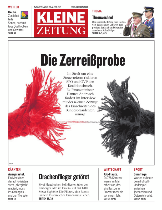 Titelseite der Kleinen Zeitung vom 3. Juni 2014 mit dem Titel „Die Zerreißprobe“.