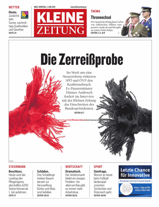 Titelseite der Kleinen Zeitung vom 3. Juni 2014 mit dem Titel „Die Zerreißprobe“.