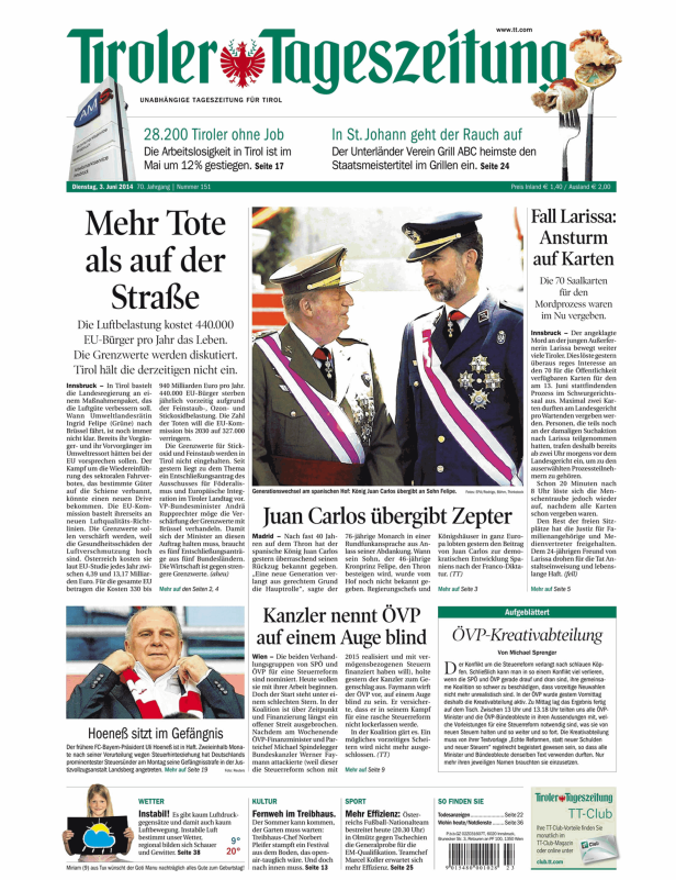 Titelseite der Tiroler Tageszeitung vom 3. Juni 2014.