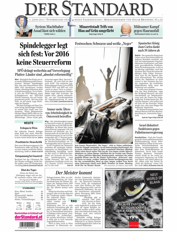 Titelseite der Zeitung „Der Standard“ vom 3. Juni 2014.