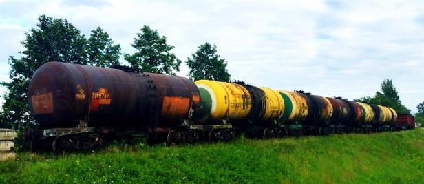 Eine Reihe alter, rostige Kesselwagen steht auf einem Gleis im Grünen.