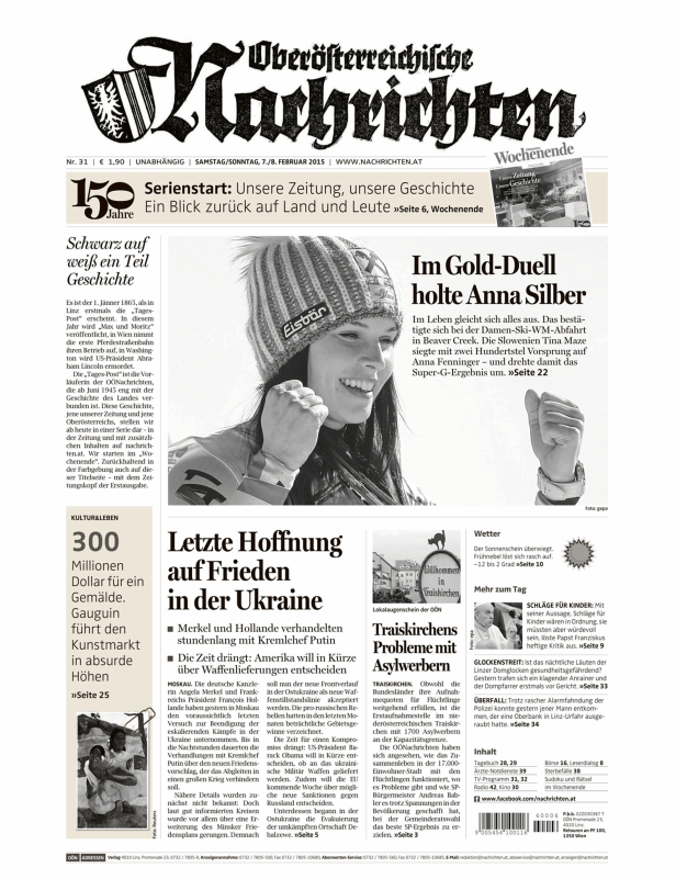 Titelseite der Oberösterreichischen Nachrichten vom 7./8. Februar 2015.