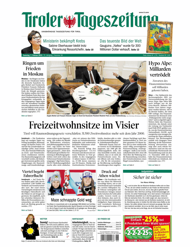 Titelseite der Tiroler Tageszeitung vom 7. Februar 2015.