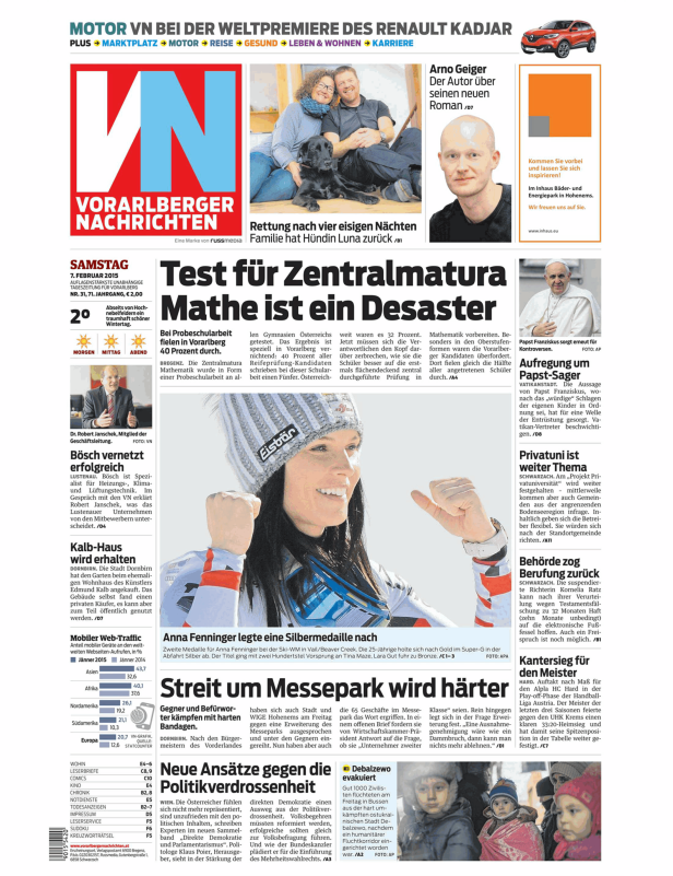 Titelseite der Vorarlberger Nachrichten mit Artikeln zu verschiedenen Themen.