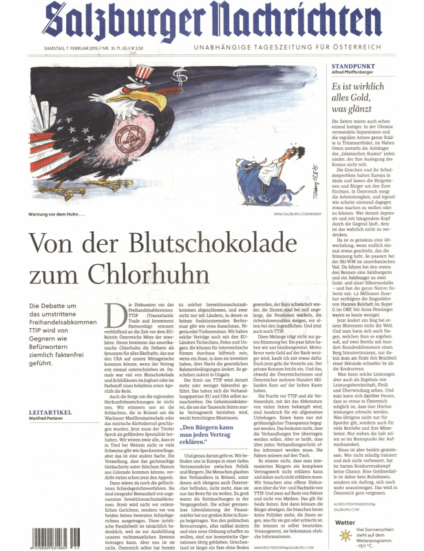 Karikatur in der Salzburger Nachrichten über TTIP und das amerikanische „Chlorhuhn“.