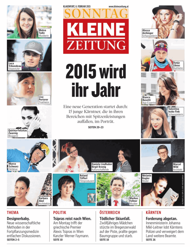 Titelseite der „Kleinen Zeitung“ vom 8. Februar 2015 mit Porträts junger Kärntner Persönlichkeiten.