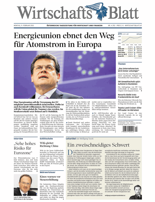 Titelseite des WirtschaftsBlatts vom 9. Februar 2015 mit dem Titel „Energieunion ebnet den Weg für Atomstrom in Europa“.
