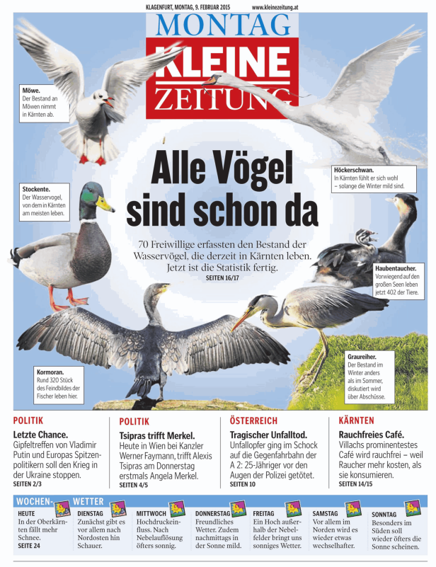 Eine Zeitungsseite der Kleinen Zeitung vom 9. Februar 2015 mit dem Titel „Alle Vögel sind schon da“.