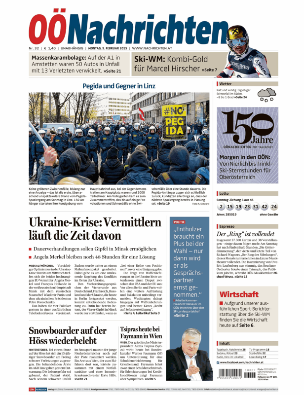 Titelseite der OÖNachrichten vom 9. Februar 2015 mit Berichten über Pegida, Ukraine-Krise und Ski-WM.