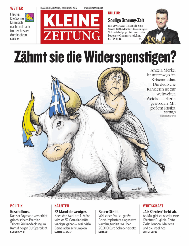 Eine Karikatur von Angela Merkel, die auf einem Stier mit griechischer und ukrainischer Flagge reitet.