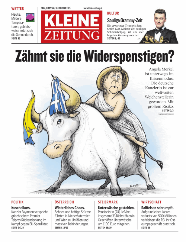 Angela Merkel reitet auf einem Stier, der mit griechischen und ukrainischen Flaggen geschmückt ist.