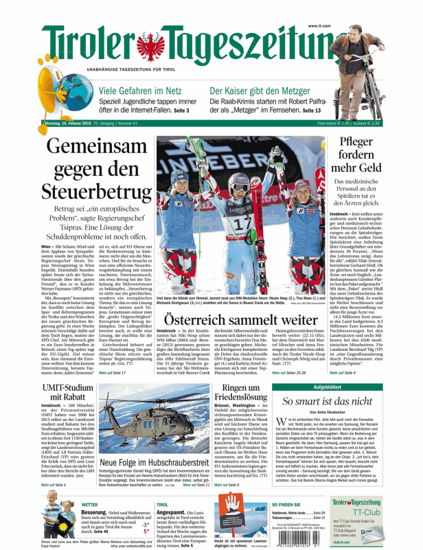 Titelseite der Tiroler Tageszeitung vom 10. Februar 2015 mit Nachrichten und Bildern.