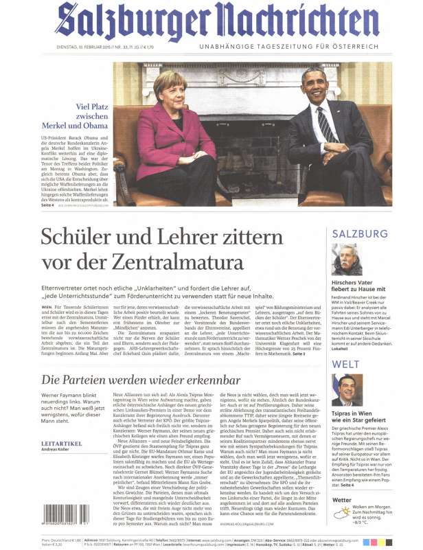 Titelseite der Salzburger Nachrichten vom 10. Februar 2015 mit Artikeln über Merkel, Obama und Tsipras.