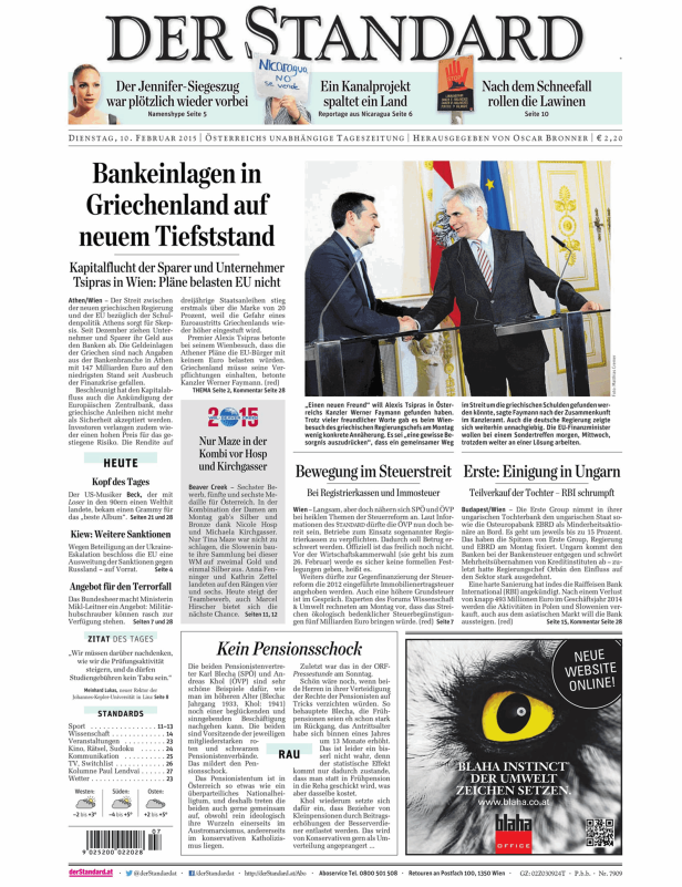 Titelseite der Zeitung „Der Standard“ vom 10. Februar 2015.
